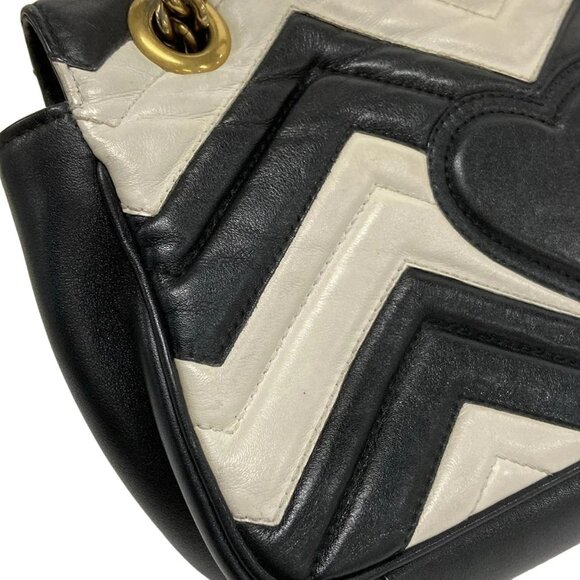 Auth GUCCI GG Marmont Quilting Small Shoulder Bag 443497 Black White Leather - Picture 11 of 16
